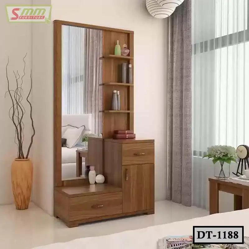 Modern wooden dressing table with mirror, shelves, and drawers in a bright bedroom setting.