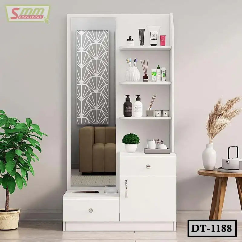Modern white dressing table with mirror, open shelves, and storage drawers in a stylish room