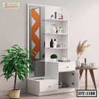 Modern white dressing table with mirror, storage shelves, drawers, and decorative plants