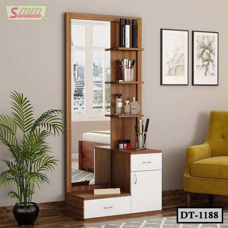 Modern wooden dressing table with mirror, shelves, and storage drawers in a living room