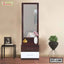 Modern wooden dressing table with large mirror, drawers, and decorative vases in a bedroom setting