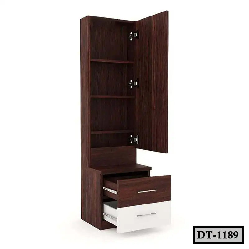 Modern wooden dressing table with multiple shelves, storage drawers, and tall cabinet