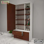 Modern dressing table with shelves, open cabinet, and brown drawers, placed on marble floor