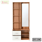 Wooden dressing table with mirror, open shelves, and white drawers, modern storage furniture
