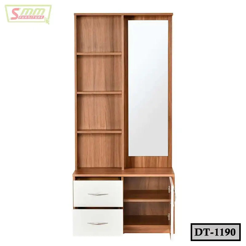 Wooden dressing table with mirror, open shelves, and white drawers, modern storage furniture