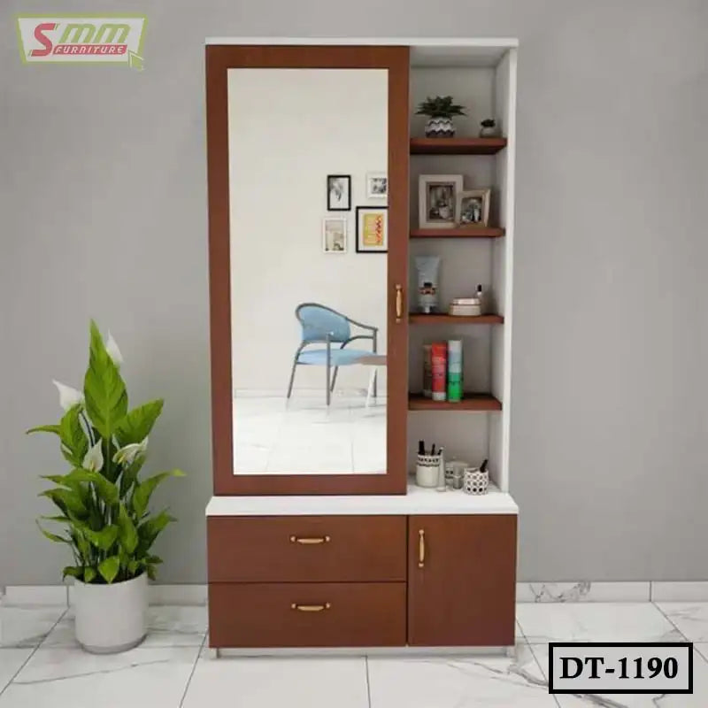 Modern wooden dressing table with large mirror, open shelves, and drawers in a bright room Main image