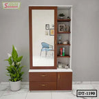Modern wooden dressing table with large mirror, open shelves, and drawers in a bright room