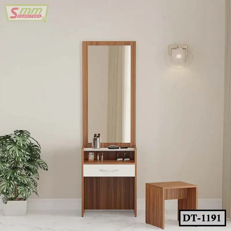 Modern wooden dressing table with large mirror, stool, and storage shelves in a bright room