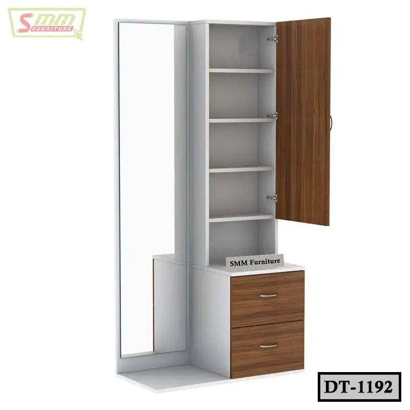 Modern dressing table with full-length mirror, shelves, and wooden drawers, model DT-1192