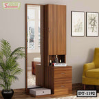 Wooden dressing table with full-length mirror, storage drawers, and shelves in modern room