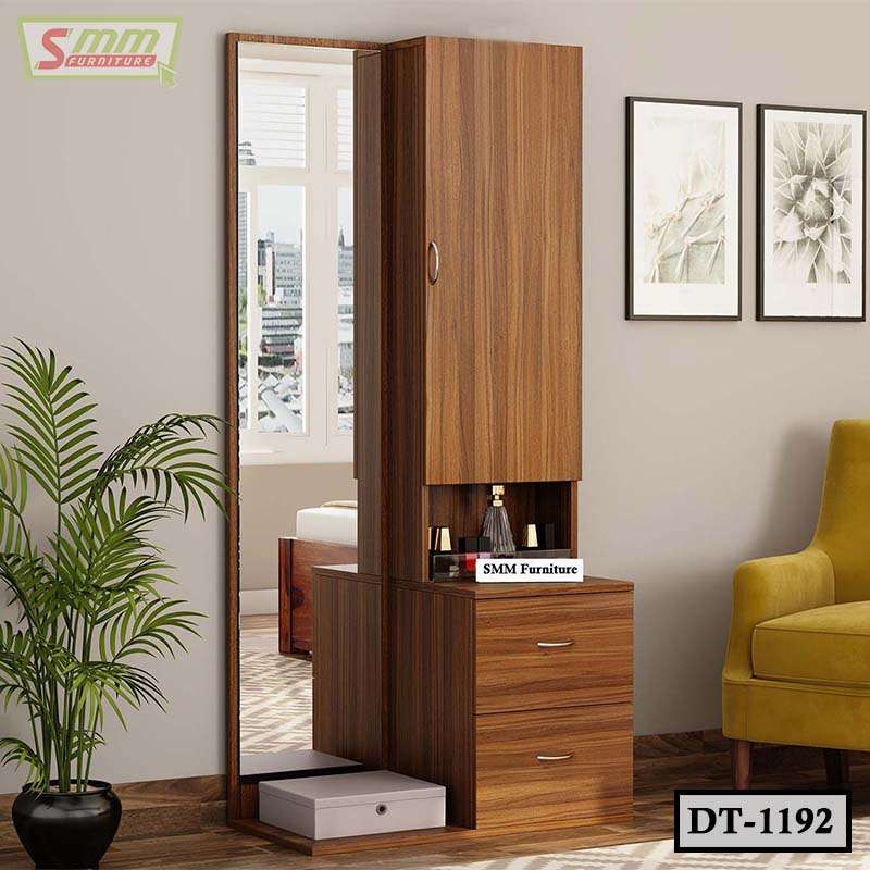 Wooden dressing table with full-length mirror, storage drawers, and shelves in modern room