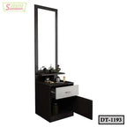 Modern wooden dressing table with tall mirror, open drawer, shelves, and storage cabinet