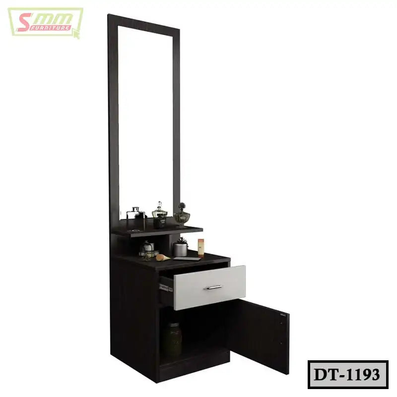 Modern wooden dressing table with tall mirror, open drawer, shelves, and storage cabinet