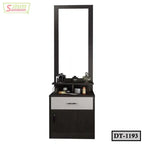 Modern wooden dressing table with large mirror, storage shelves, and single drawer, model DT-1193
