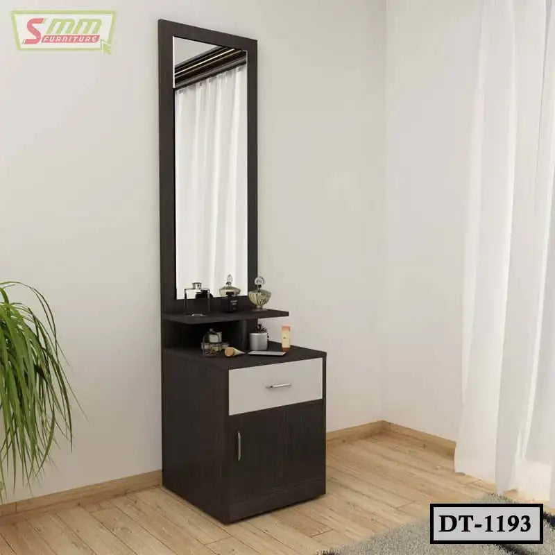 Modern dressing table with tall mirror, shelves, and storage drawer in a bright room Main image