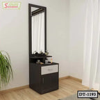 Modern dressing table with tall mirror, shelves, and storage drawer in a bright room