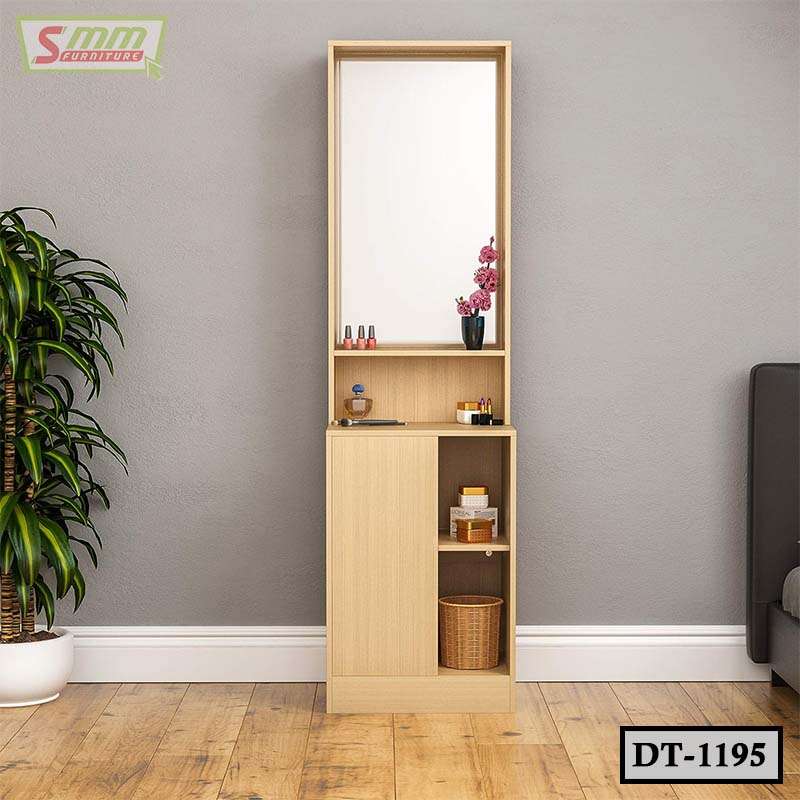 Modern wooden dressing table with mirror, open shelves, and storage baskets in a bedroom