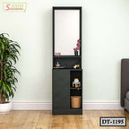 Modern black dressing table with mirror, shelves, cosmetics, and decorative flowers in bedroom