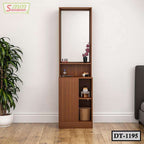 Wooden dressing table with large mirror, shelves, and cosmetics in modern room