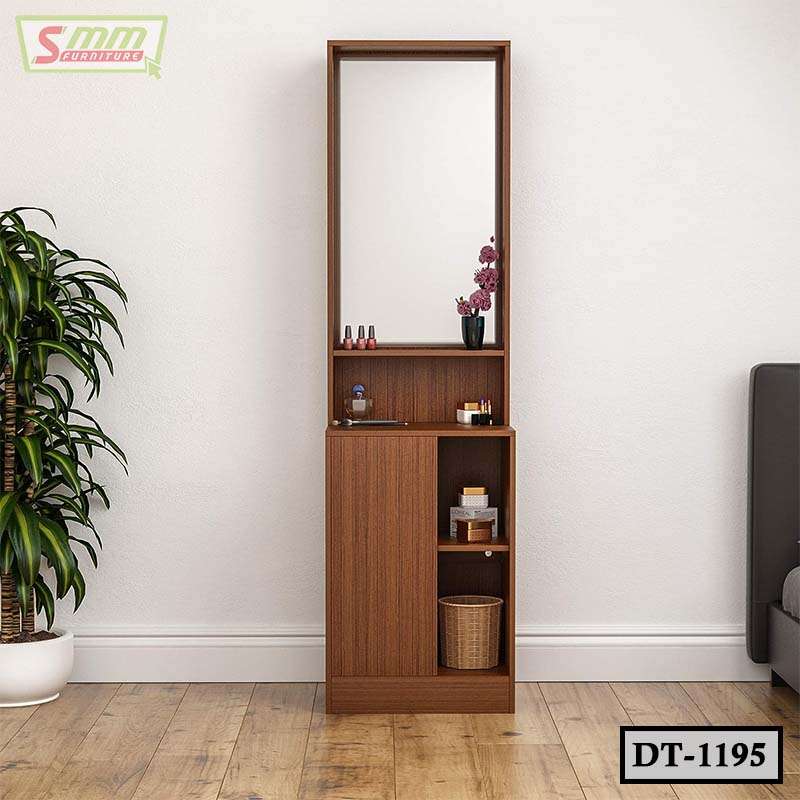 Wooden dressing table with large mirror, shelves, and cosmetics in modern room