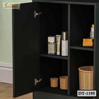 Black dressing table cabinet with open shelves, beauty products, wicker baskets, and storage compartments.