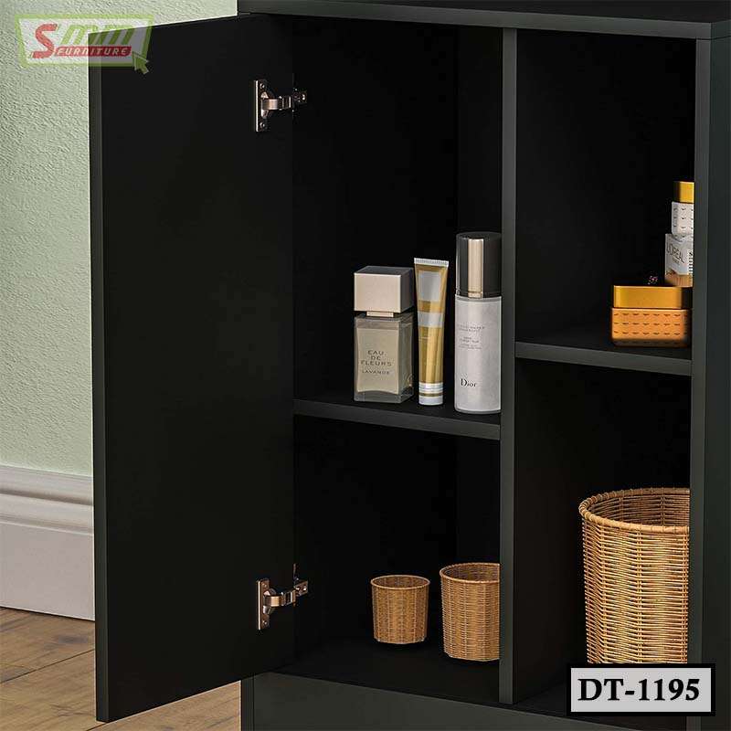 Black dressing table cabinet with open shelves, beauty products, wicker baskets, and storage compartments.