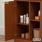 Wooden dressing table shelves with open cabinet, cosmetics, and wicker baskets