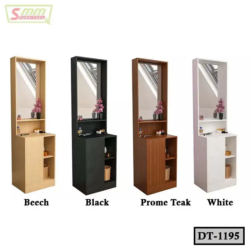 Modern dressing tables with mirrors in beech, black, prume teak, and white color variants