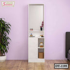 Modern white dressing table with mirror, storage shelves, and decorative items in a bedroom