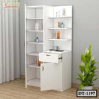 Modern white dressing table with open shelves and drawers in a corner, decorated with cosmetics.