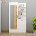 Modern white dressing table with mirror, shelves, and cabinet in a minimal room