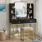 Modern black and gold dressing table with mirror, shelves, stool, and makeup accessories
