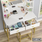 Modern white dressing table with open drawers, makeup, brushes, and cosmetics organizer