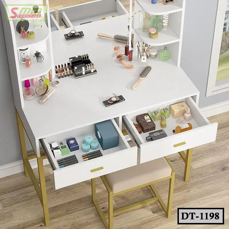 Modern white dressing table with open drawers, makeup, brushes, and cosmetics organizer