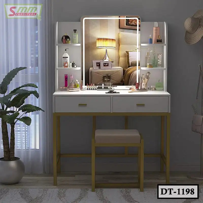 Modern white and gold dressing table with illuminated mirror, shelves, and cushioned stool