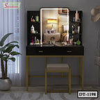 Modern dressing table with lighted mirror, shelves, stool and makeup accessories in bedroom