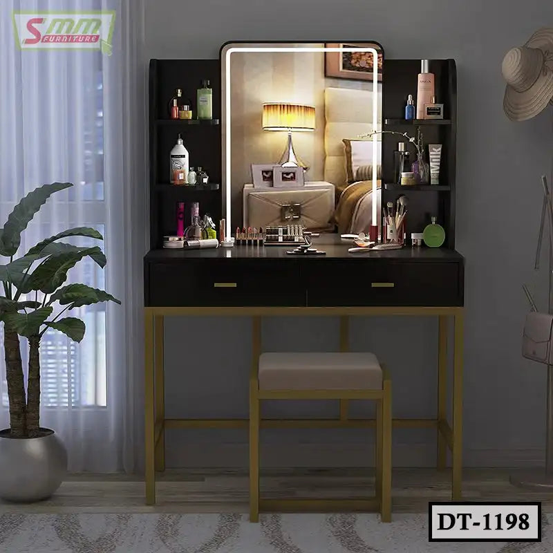 Modern dressing table with lighted mirror, shelves, stool and makeup accessories in bedroom