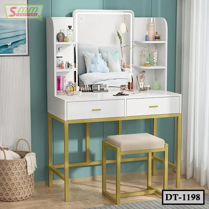 Modern white and gold dressing table with mirror, shelves, and stool for bedroom