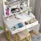 White makeup dressing table with drawers, mirror, cosmetics, and stool in a modern bedroom