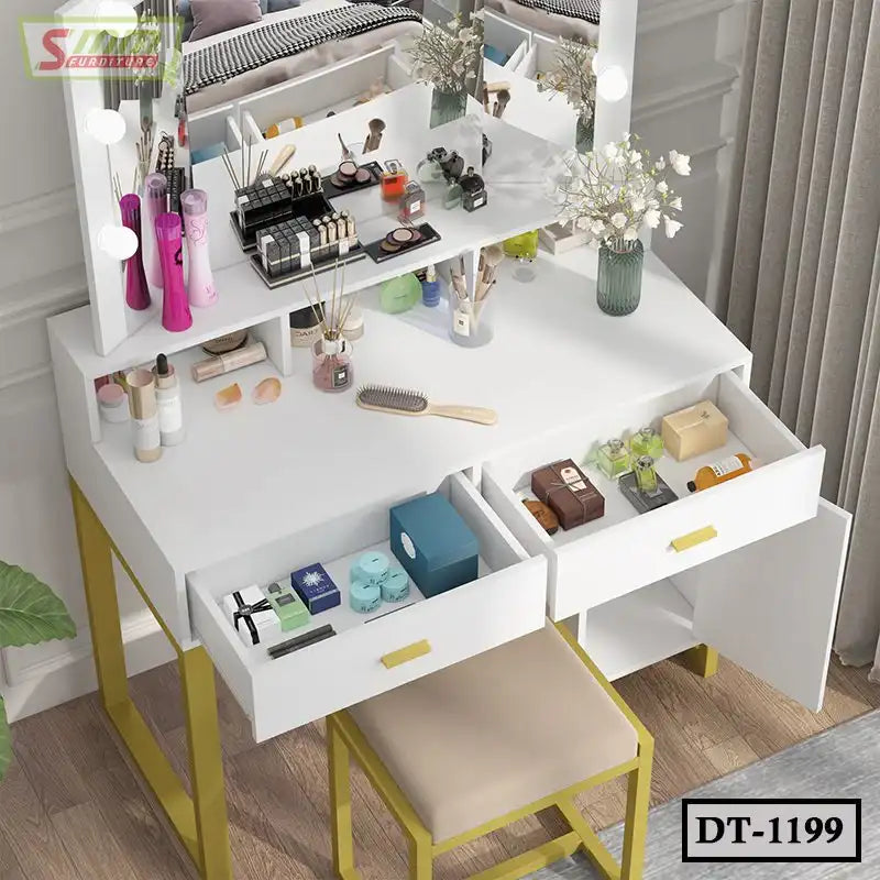 White makeup dressing table with drawers, mirror, cosmetics, and stool in a modern bedroom