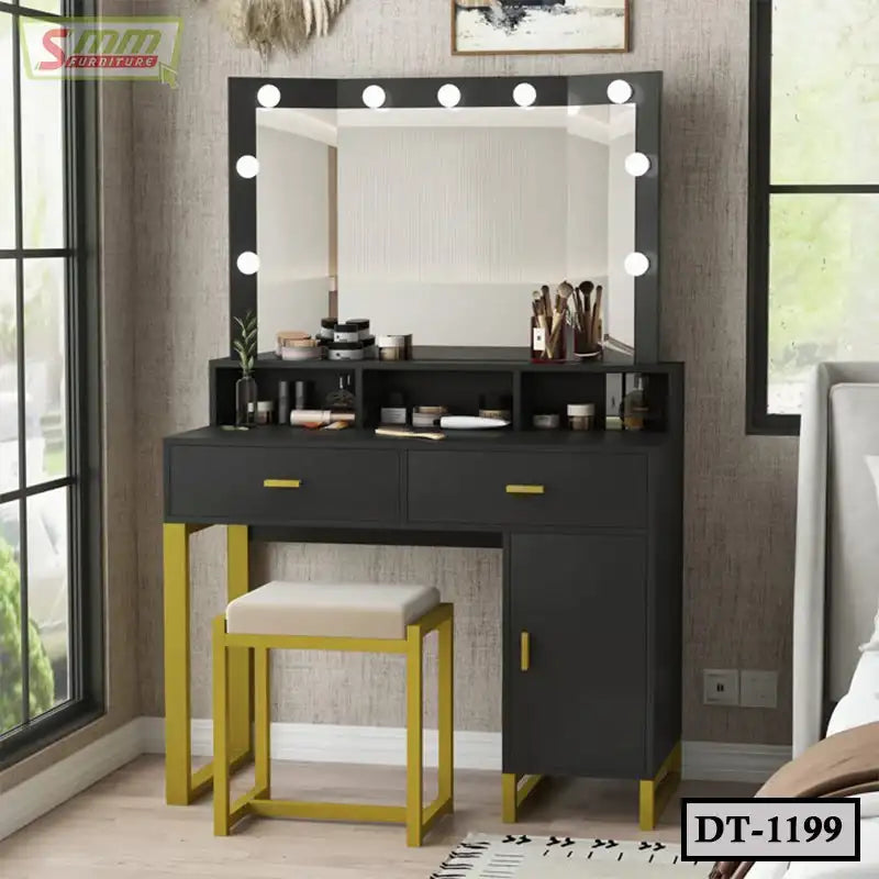 Modern black and gold dressing table with large mirror and LED lights, makeup organizer, cushioned stool