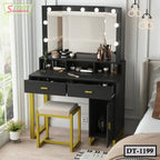 Modern black dressing table with mirror, LED lights, two drawers, and stool in bedroom