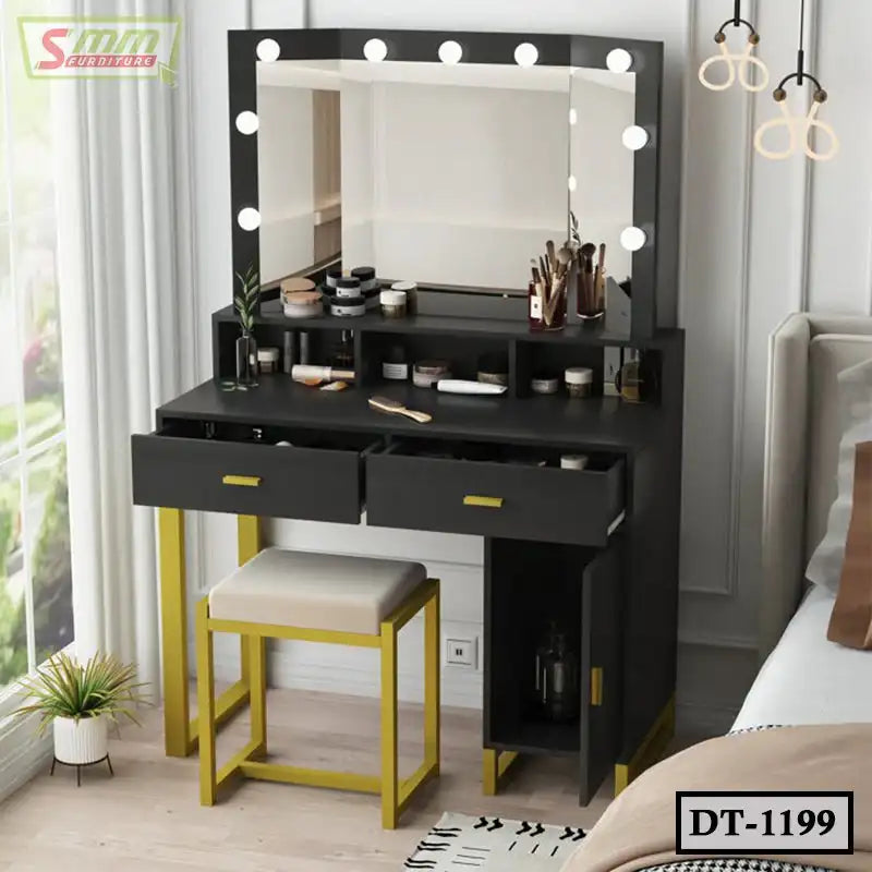 Modern black dressing table with mirror, LED lights, two drawers, and stool in bedroom
