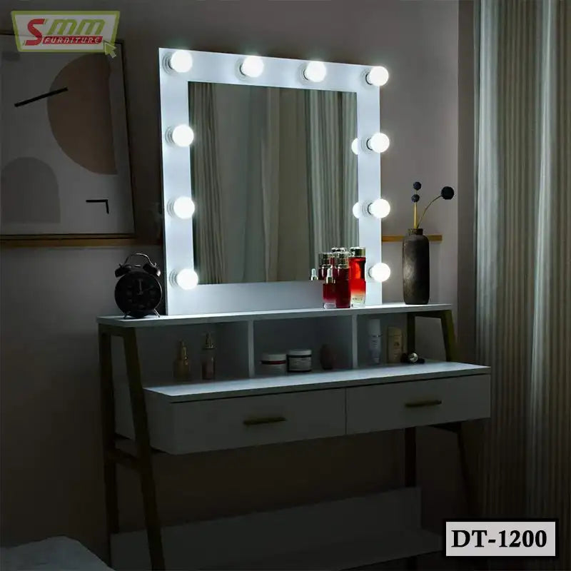 Modern dressing table with illuminated vanity mirror, makeup storage, and decor items in a bedroom