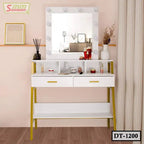 Modern white dressing table with drawers, open shelves, large mirror and lights in a bedroom