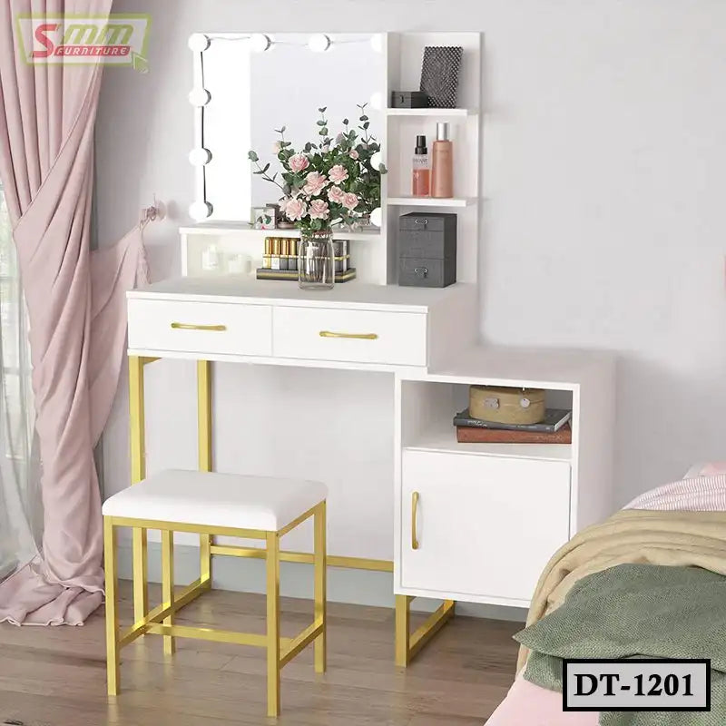 Modern white and gold dressing table with mirror, stool, flowers, and storage shelves