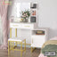 Modern white and gold dressing table with mirror, stool, flowers, and storage shelves