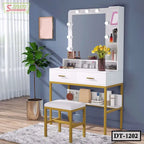 Modern white and gold dressing table with mirror, lights, stool and makeup accessories
