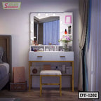 Modern dressing table with mirror lights, white drawers, makeup storage, and cushioned stool