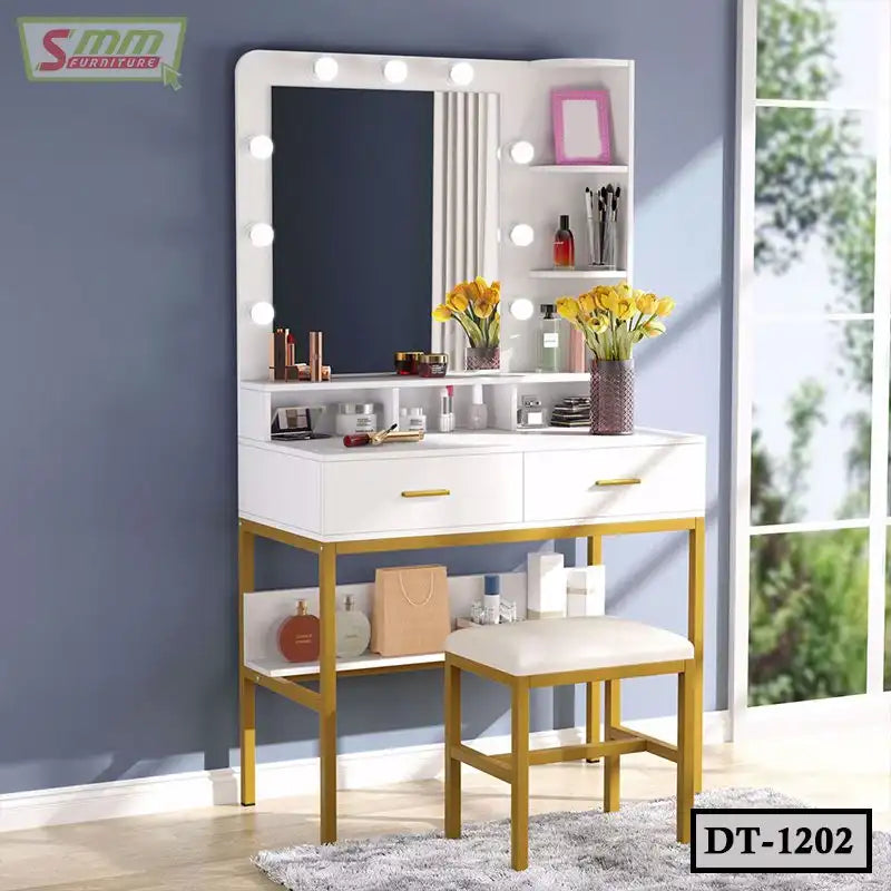 Modern white dressing table with gold legs, mirror with lights, cosmetic storage, and stool